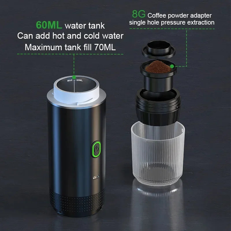 Portable Electric Travel Espresso  3‑in‑1 Capsule & Ground Coffee Machine